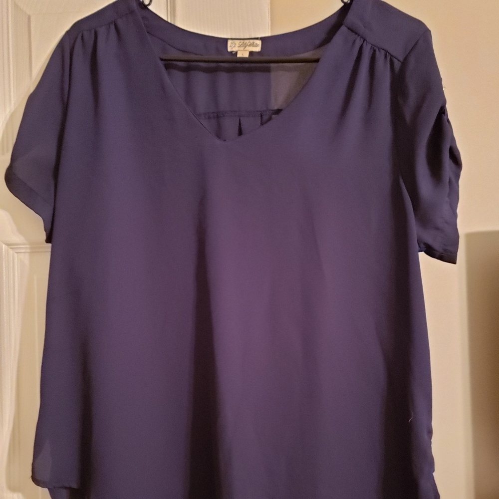 Lilly White Navy Sheer V Neck Blouse